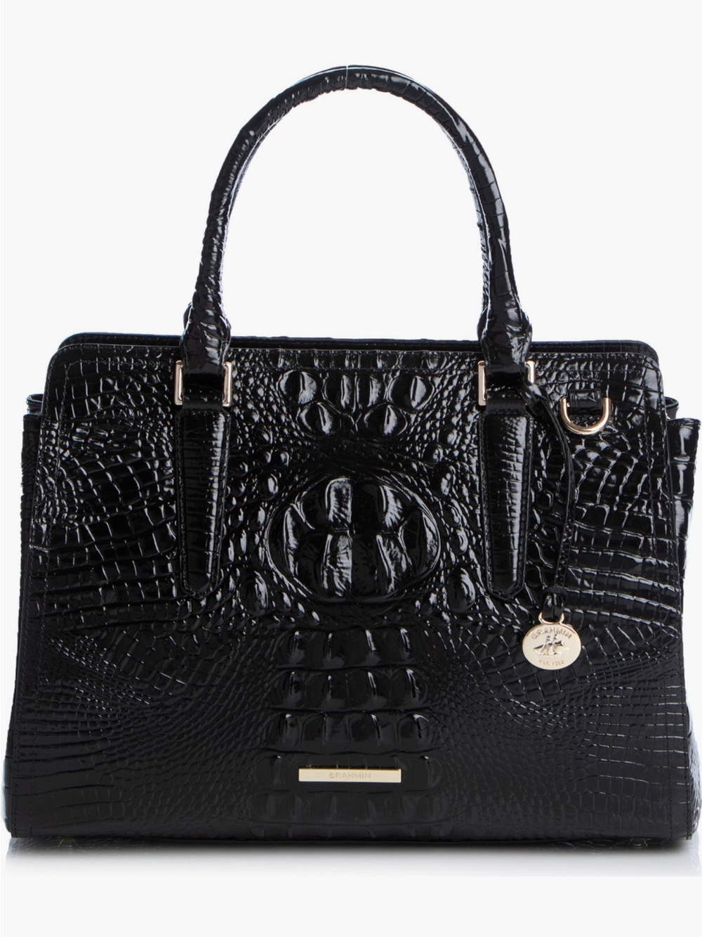 Brahmin Black Croc-Embossed Satchel with Gold Accents
